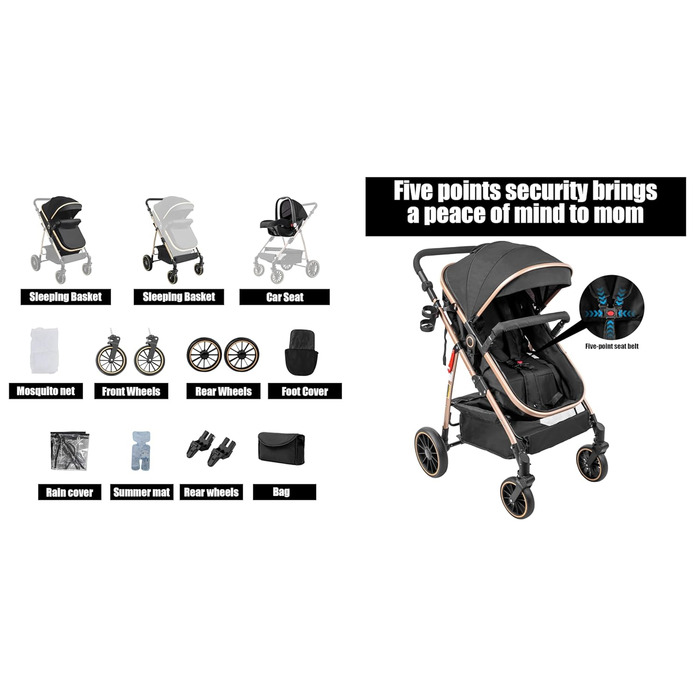 Дитяча коляска MoLi 3 в 1 з реверсивним блоком, великою люлькою та алюмінієвим шасію (V8 Black)