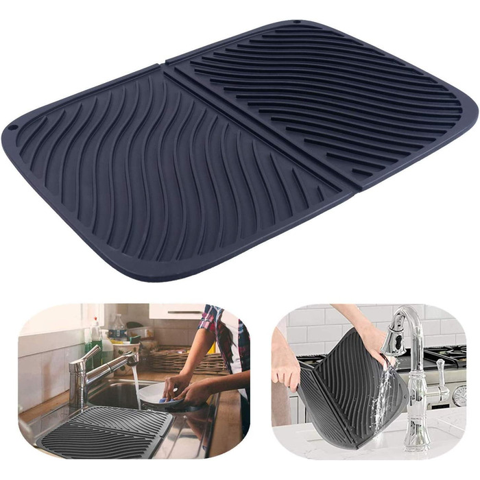 Силіконовий килимок для зливу води IYYI, великий, екологічно чистий, термостійкий, придатний для миття в посудомийній машині, підставка для посуду, 60 x 38,6 см (чорний)