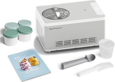 Морозивниця та йогуртниця SPRINGLANE Elisa 2,0 л з самостійним охолодженням, компресор 220 Вт, нержавіюча сталь, функції охолодження та нагріву, рецептник, 4 контейнери для морозива 400 мл, срібляста, м'ята