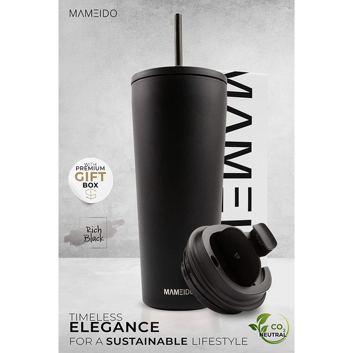 Термальна чашка MAMEIDO об'ємом 700 мл Rich Black-чашка для пиття з кришкою і соломкою з нержавіючої сталі з подвійними стінками-гаряча і холодна