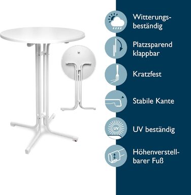 Стіл Beautissu розкладний, діаметр 70 см, білий Bellini – стійкий, вологостійкий, з антиковзким покриттям. Підходить для вулиці, кафе, барів, вечірок. Легка збірка, міцна конструкція, Ø 70 см.