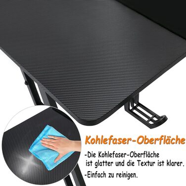 Ігровий стіл YRHome 120x60 см – стіл для комп'ютера з тримачем для напоїв, кабелепроводами та карбоновою поверхнею. Ергономічний стіл для геймерів та офісу, чорний (без LED). Розміри: 120 x 60 см