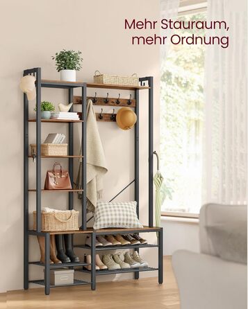 Стійка для одягу VASAGLE з полицею для взуття, 5 полиць, 9 тричі-гачків, 6 бічних гачків, 40 x 120 x 190 см, вінтажний коричневий + чорний, HSR426B01