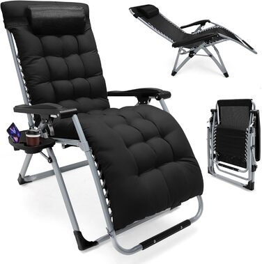 Розкладне шезлонґ для саду та басейну, широке крісло для відпочинку 72 см, з подушкою, чорний, витримує до 200 кг