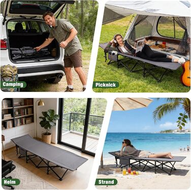 Розкладне ліжко для кемпінгу Sekey XXL (190x71x35 см), посилене сталеве ліжко-трансформер з тканиною Oxford, сіре (без матраца)