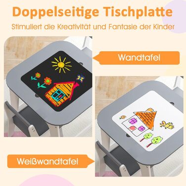 Дитячий стіл DREAMADE з 2 стільцями: комплект меблів для дитячої кімнати з двосторонньою стільницею та місцем для зберігання, 3-ох частинний набір для дітей від 3 років, підходить для дитячих кімнат та садочків (натуральний+білий) (сірий+білий)