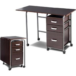 Складаний комп'ютерний стіл COSTWAY з 3 висувними ящиками та коліщатками, письмовий стіл з металевим каркасом, компактний офісний стіл, розкладний стіл для невеликих приміщень, 105 x 50 x 75 см, коричневий