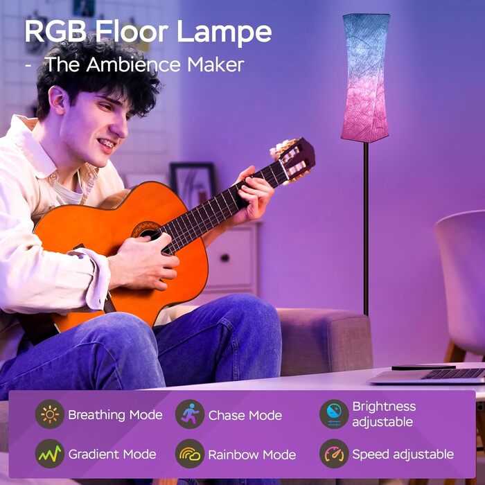 Підлоговий світильник Amdelne Dimmable RGB з пультом дистанційного керування/додатком, синхронізацією музики, білим тканинним абажуром