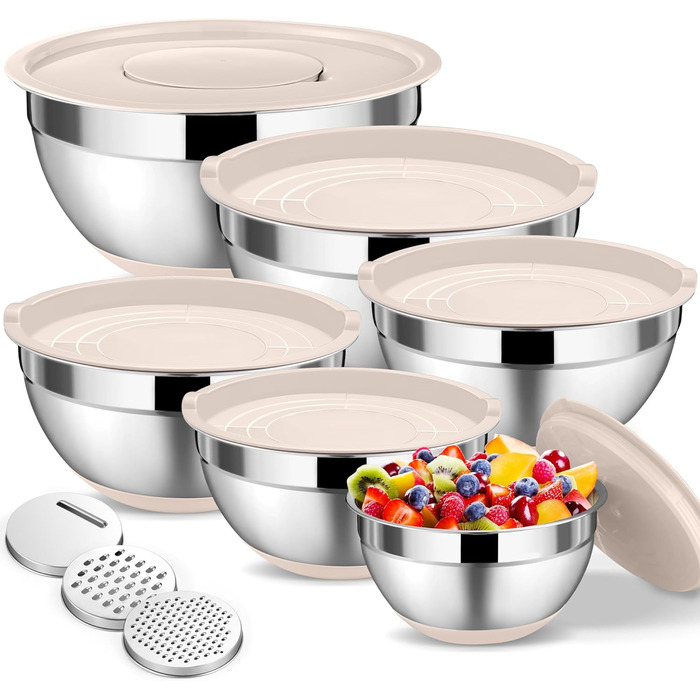 Набір мисок Onader (6 шт) з нержавіючої сталі з кришками та тертками для кухні, 4.6/2.8/2.5/1.6/1.2/0.7 л, стакові та придатні для миття в посудомийній машині, бежевий колір