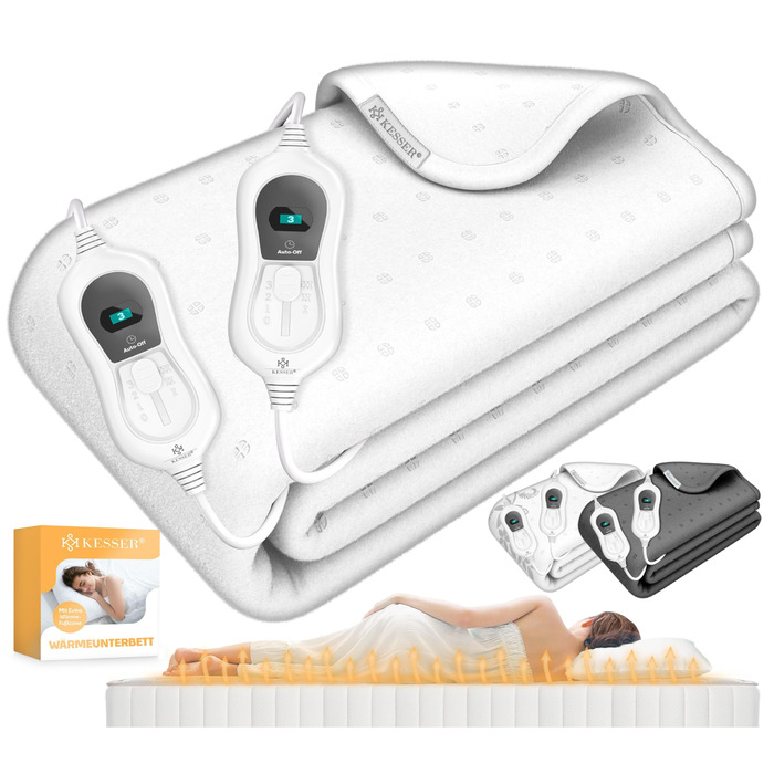 Електрична ковдра KESSER® з двома зонами нагріву 160x140 см з автовимкненням та пультом керування | 3 режими температури | Підкладка під ковдру | Тепла ковдра з м'якого флісу білого кольору 160x140 см без візерунка