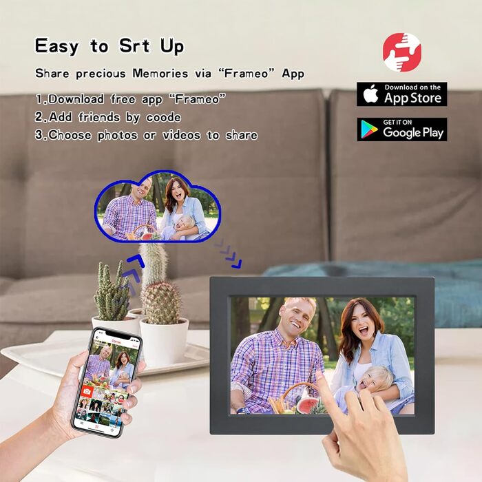 Frameo Цифровий фоторамка 10.1 дюйма з Wi-Fi, HD сенсорний екран, 16GB пам'яті, автоматичне обертання, віддалене завантаження фото та відео, чорний