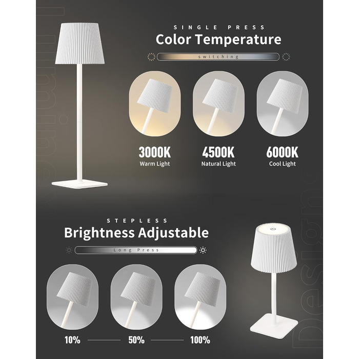 Стійка LED лампа LuminexDesigns бездротова з акумулятором 5200mAh, диммування, IP54, для дому та саду, 3000K/4500K/6000K, білий