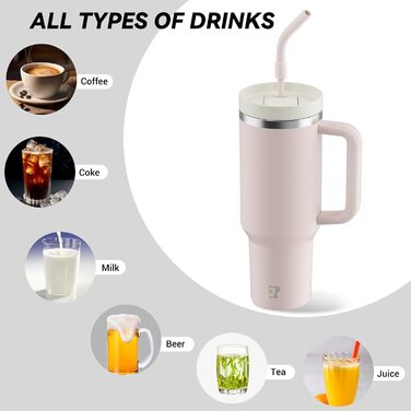 Термокружка-пляшка 1200 мл з трубочкою та антиковзним ручним захопленням, витіканнями запобігає, BPA Free, подвійні стінки, ізоляція для авто, офісу, відпочинку (пастельно-рожевий) біло-рожевий