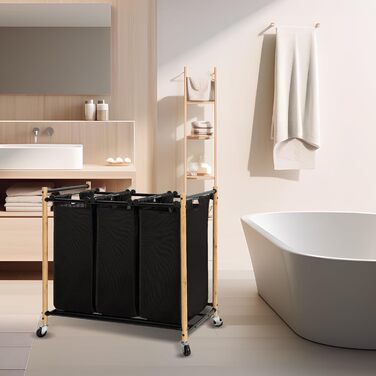 Сортувальник для білизни Storage Maniac з 3 відділеннями, 136 л, з міцними колесами, знімні кишені, бамбук