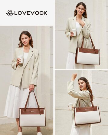 LOVEVOOK Сумка для ноутбука, жіноча велика водонепроникна сумка-шоппер, ділова сумка-акселуар, з PU шкіри, 15.6 дюймів (Коричневий+бежевий)