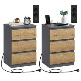 Приліжкові тумбочки VASAGLE Kailyn (2 шт.) з розетками, 3 шухляди, сірий + коричневий, LET831G01