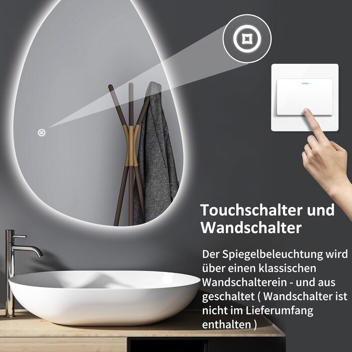 Дзеркало для ванної кімнати Badspiegel 70x50см з підсвічуванням 3 кольори, сенсорний вимикач, прямокутне, для ванної/вітальні, енергоклас A++ (65 x 90 см)