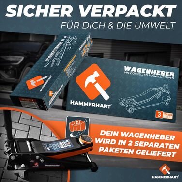 Гідравлічний домкрат HAMMERHART 3T з низьким профілем, 75-505мм, колеса 360°, подвійний поршень, гумова накладка, Т-ручка - Преміум якість