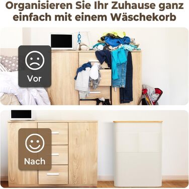 Кошик для білизни OUSFOT з кришкою, 3 відділення, 158л, розкладний, з мішком для білизни, з кишенею, бамбукова коробка для сортування білизни, бежевий