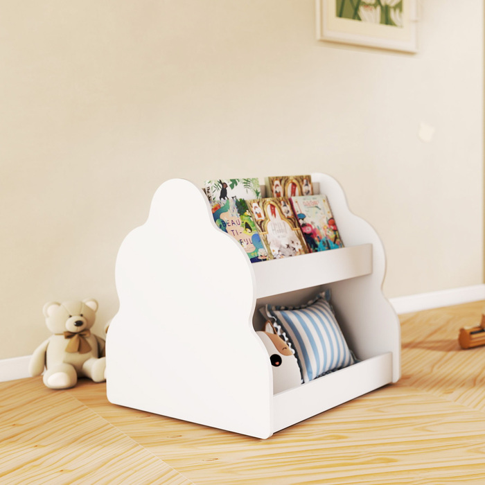 Дитяча полиця AIYAPLAY, 2-ярусна полиця для дитячих книжок на коліщатках, з 4 полицями, для дитячої кімнати, ігрової кімнати, 54x50x56 см, білий