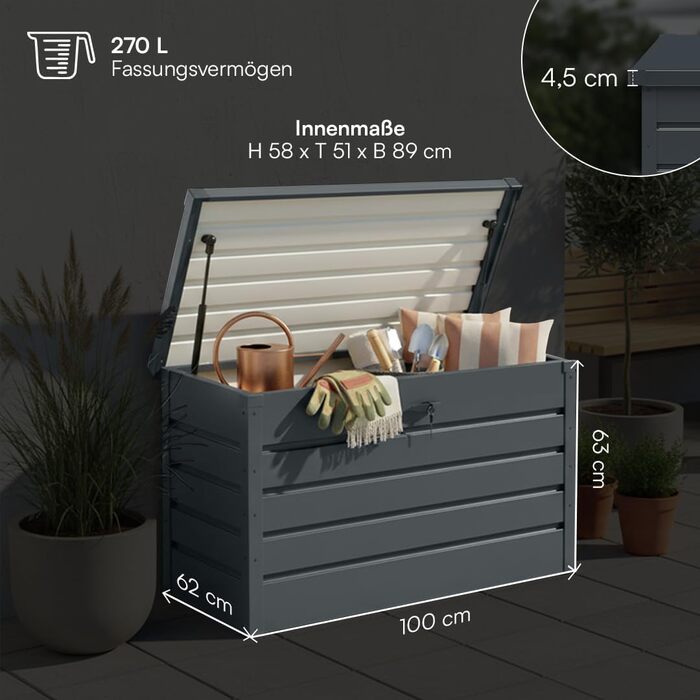 Скриня для саду STEELSØN Dorado 270л, металева оцинкована, водонепроникна, з замком та відкидною кришкою, антрацит - для балкона, тераси, саду 120x62x63 см