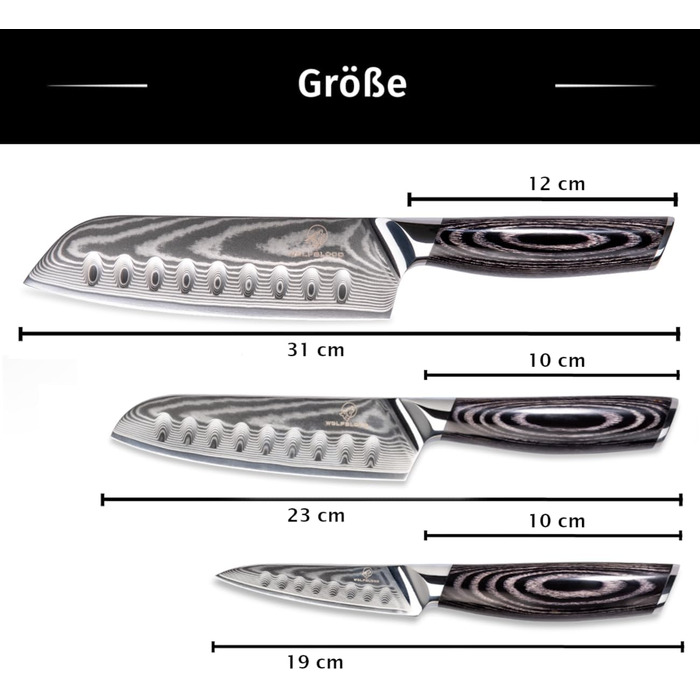 Набір кухонних ножів Wolfblood PRO 3 шт. Дамаск XL (31, 23, 19 см) з нержавіючої сталі 67 шарів, з дерев'яною ручкою, подарункова коробка та захист леза. Перевірено TÜV, твердість 62 HRC