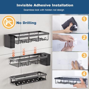 Настінна полиця для душу YEAUPE PRO з 3 ярусами – органайзер для ванної кімнати без свердління, для скляної душової кабіни, з 2 присосками, 6 гачками, міцний металевий, 78 см, до 18 кг, чорний