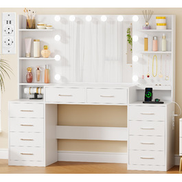 Трюмо BEWISHOME з дзеркалом, регульованою LED-підсвіткою та розетками, 10 шухлядами, 5 полицями, гачками та органайзером для прикрас, сучасний дизайн, білий колір, EFST52W