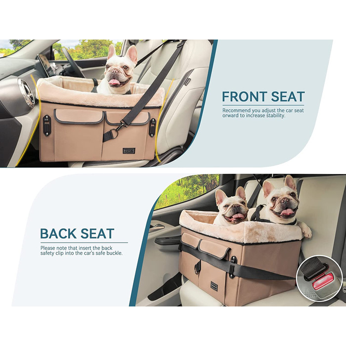 Автомобільне сидіння для собак Petsfit для середніх собак або 2 маленьких собак, покращене автомобільне сидіння для собак для заднього сидіння і переднього сидіння, кошик для собак з 2 ременями безпеки,M, хакі M хакі