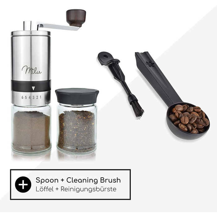 Ручна кавомолка Milu Manuelle – кавомолка для еспресо з керамічним жорном, 6 ступенів помелу, з ложкою та щіткою (срібна)