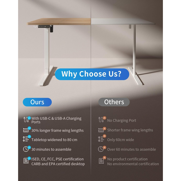 FEZIBO Стол з регулюванням висоти 160x80 см з USB-портами, електричний, для дому/офісу, економія місця, дуб