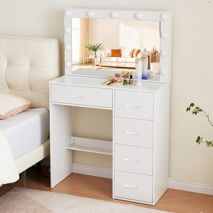 Туалетний столик зі світлом і дзеркалом, з пуфом, 6 ящиків та 6 поличок, 80x36x130 см (PE50)