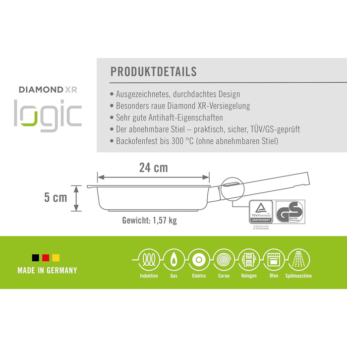 Сковорода Woll Diamond Logic XR Pro, діаметр 28 см, висота 5 см, знімний ручка з нержавіючої сталі, індукційна, для всіх типів плит, алюмінієвий лиття, антипригарне покриття, чорна, для духовки