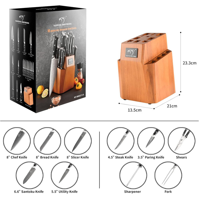 Набір професійних японських ножів NANFANG BROTHERS Messersets Damast (18 шт.) з підставкою, VG10 сталь, 67 шарів дамаску