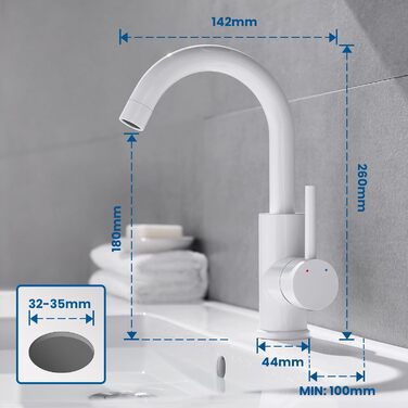 Змішувач для ванної кімнати/кухні Auralum з поворотним гусаком 360°, з високоякісної латуні, з підключенням 60 см, однорідний змішувач (білий)