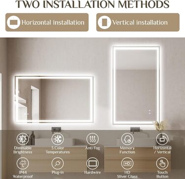 Дзеркало для ванної кімнати з підсвічуванням 80x60 см, LED дзеркало з 3 кольорами світла, регулюванням яскравості, захисне скло, сенсорне управління, функція пам'яті, запобігання запотіванню, для ванної кімнати