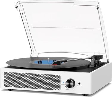 Вініловий програвач ретро-стилю з Bluetooth, портативний, 3 швидкості 33/45/78 об/хв, вбудовані стерео-динаміки, RCA вихід, AUX, білий