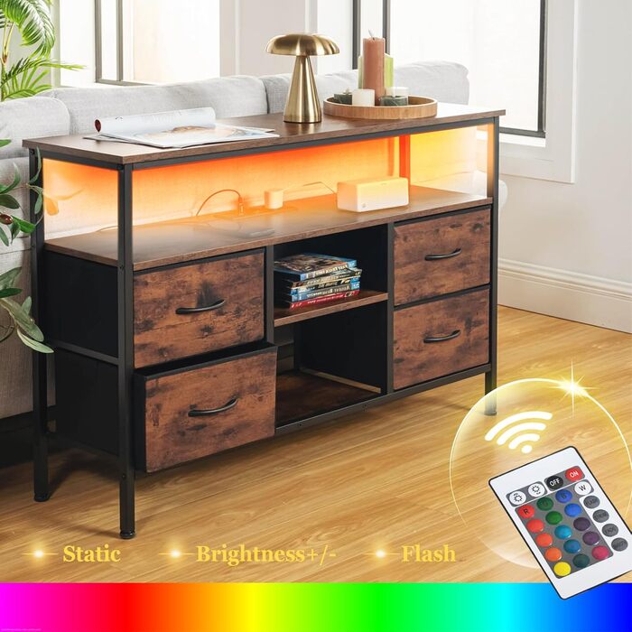 Вінтажна шафа для вітальні з LED-підсвічуванням, комод у стилі вінтаж з 4 висувними ящиками, 110x30x78 см, 2 USB та 2 AC роз'єми, дерев'яний комод для вітальні/кухні
