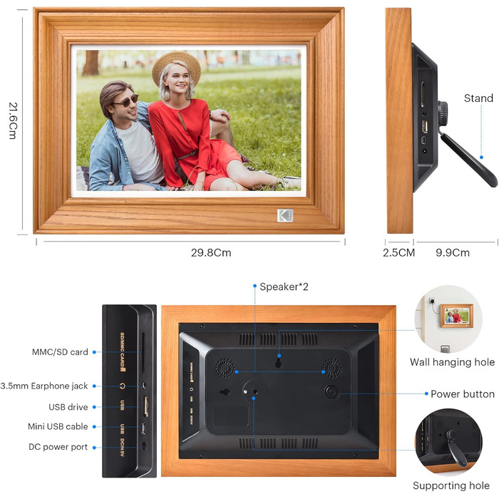 Цифровий фоторамка Kodak 10 дюймів з Wi-Fi, 32GB, IPS HD сенсорний екран, автоповорот, бездротове підключення, фото та відео, безкоштовний додаток (дерево)