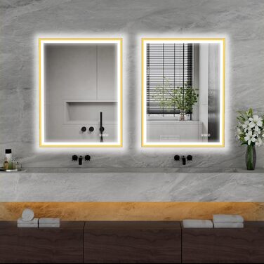 Круглий LED дзеркало для ванної кімнати Furduzz з підсвічуванням, 700 мм, настінний, сенсорний вимикач, регулювання яскравості, 3 кольори, проти запотівання, інтелектуальна пам'ять (модель 2, золота рамка, 70 x 50 см)