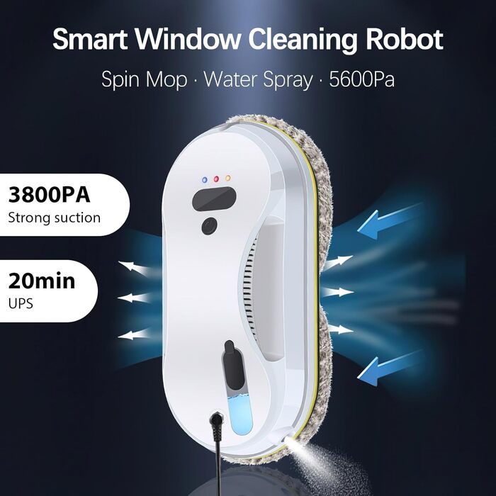 Робот для миття вікон з функцією розпилення, 5600 Па, з пультом дистанційного керування, 40 мл бак, 8 ганчірок, автоматичний мийник вікон для всіх вікон