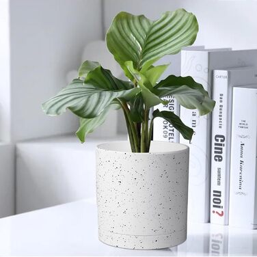 5 шт. Набір горщиків для квітів з підставкою, 17.8/15.2/14/12.7/10.2 см, пластикові горщики для рослин, гідропоніка, набір горщиків для квітів, ідеально підходить для внутрішніх та балконних садів, зелений з коричневим піддоном (7+6+5.5+5+4 дюйми (5 шт), білий спрей)