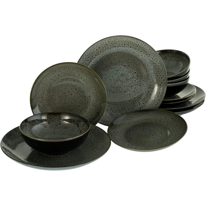 Реактивна ностальгічна серія (сірий/чорний), набір посуду з 16 предметів, комбінований сервіс з керамограніту, можна мити в посудомийній машині та мікрохвильовій печі, якісне виробництво (набір тарілок - 12 предметів, сірий / чорний), 23675
