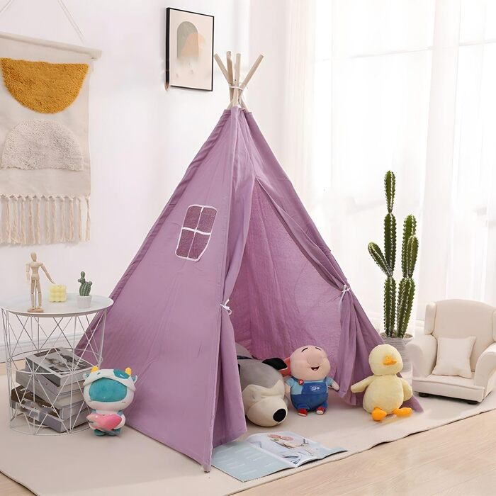 Дитячий намет-тіпі у фіолетовому кольорі | Ігровий намет-тіпі для дівчаток та хлопчиків, 140 x 120 см, бавовняний тканний матеріал зі зірочками та килимком