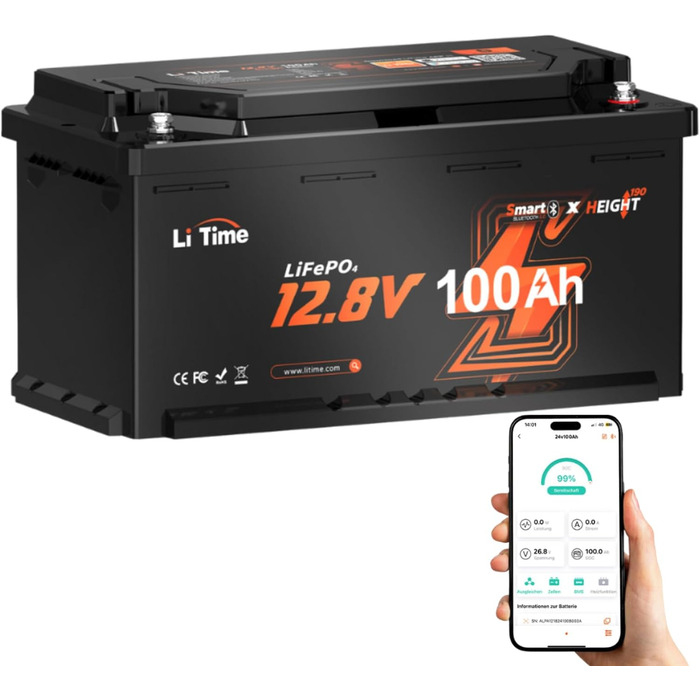 Акумулятор LiTime 12V 100Ah LiFePO4 RV під сидінням Bluetooth і Smart BMS, захист від низьких температур, максимальна кількість циклів 15000 циклів, 100 А BMS, 20,48 кВт-год, заміна свинцево-кислотного матеріалу, ідеально підходить для фургонів 12V100Ah H