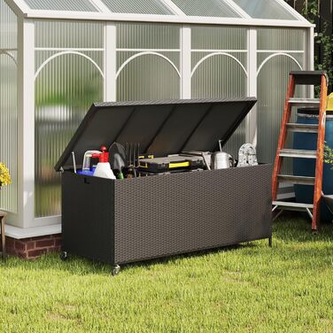 Водонепроникний садовий ящик Amopatio Gartenbox 480л з поліротангу, металевий ящик для подушок на колесах з газліфтом, чорний