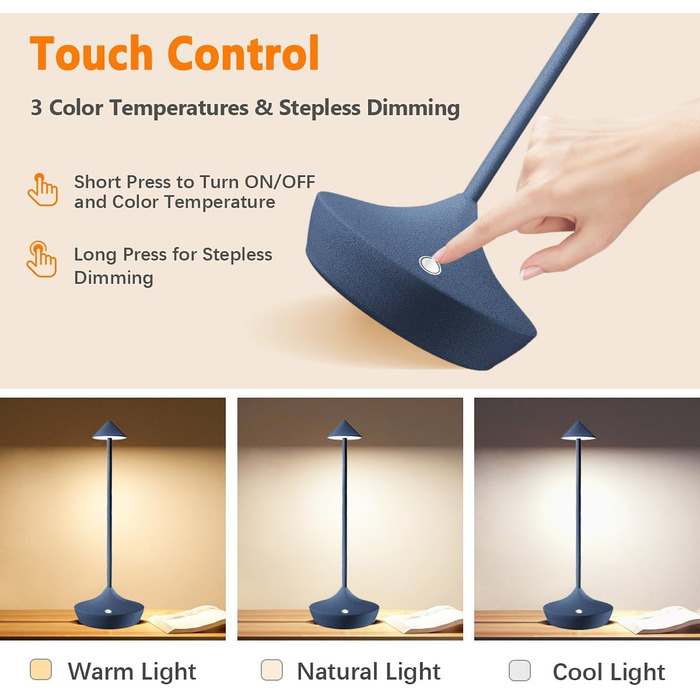 LED-лампа Hapfish на акумуляторі, настільна, бездротова, 2 шт., сучасний алюміній, регулювання яскравості, водонепроникна, для дому та вулиці, нічна лампа, тераса, ресторан (коричневий) (2шт синій)