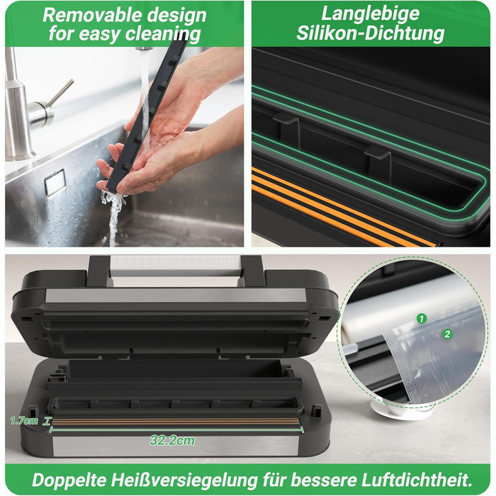 Вакууматор 10-в-1 для продуктів 95 кПа, вакуумний пакувальник з подвійною термозаваркою, вбудованим ножем та відсіком для пакетів, сталевий корпус, комплект з 2 рулонами