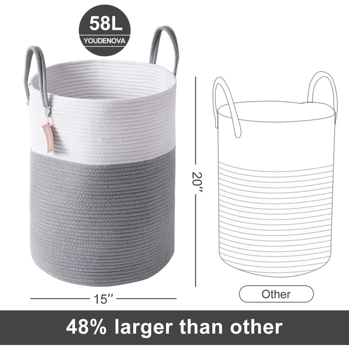 Кошик для білизни YOUDENOVA плетені, ручної роботи з бавовни, 58л (білий & коричневий, білий & сірий)