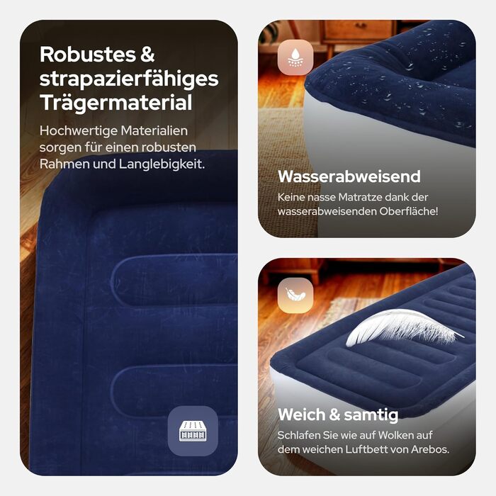 Надувний матрац Arebos | Самостійно надувний матрац 203 × 95 × 51 см для 1 особи | Гостьовий матрац з електричним насосом | Надувний матрац з сумкою для транспортування для кемпінгу/до дому | (Синій/Білий)